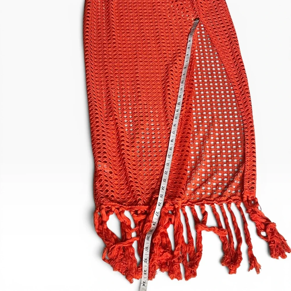 Orange Crochet Maxi Skirt Fringe Side Slit Boho Beach Cover Up S Cane Weave